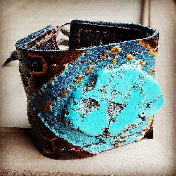 Cuff w/ Leather -Blue Navajo and Turquoise Slab