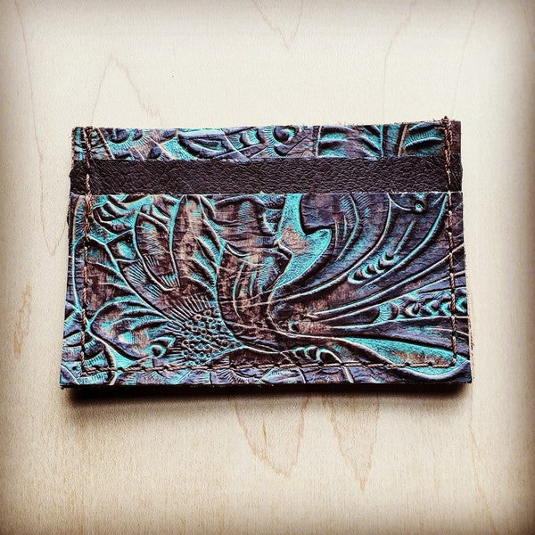 Leather Credit Card Holder-Turquoise Brown Floral