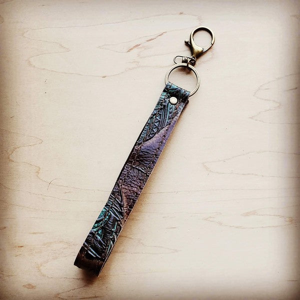 Embossed Leather Key Chain Strap Turquoise Feather