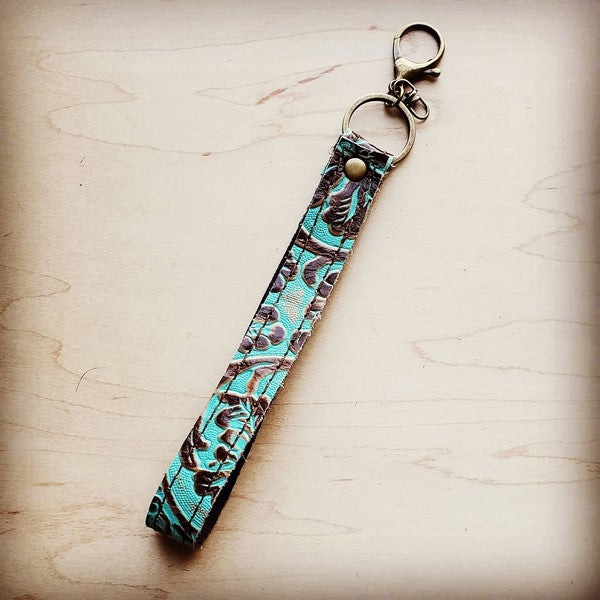 Embossed Leather Key Chain Strap Cowboy Turquois