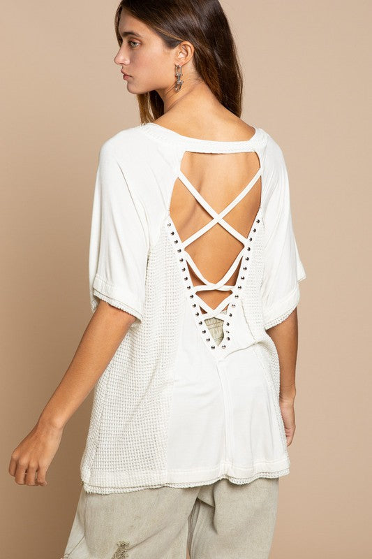 Studded Strappy Back Waffle Mixed Knit Top
