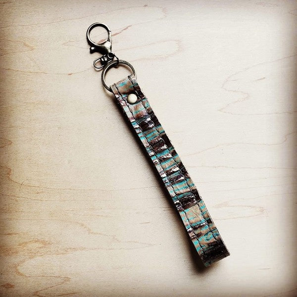 Embossed Leather Key Chain Strap Turquoise Chateau