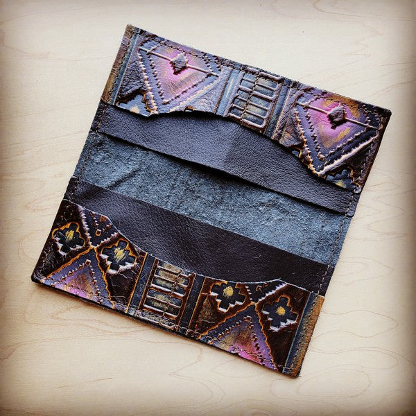 Embossed Leather Wallet in Magenta Navajo w/ Snap