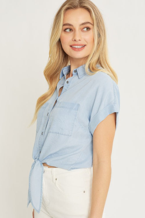 "Stephanie"  Woven solid tie short sleeve blouse