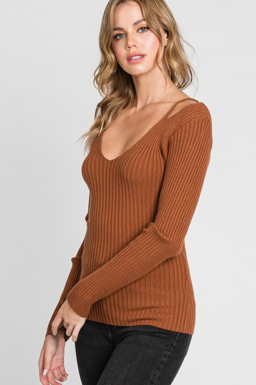 "SONIA" RIBBED SHOULDER SWEATER TOP