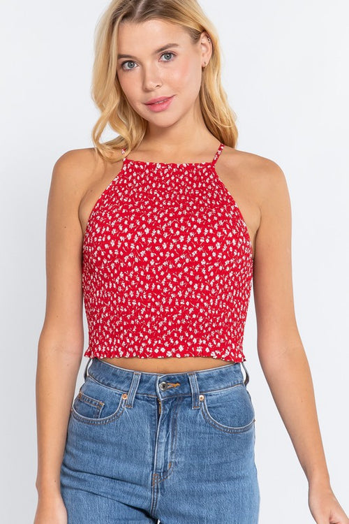 "ELLY" SMOCKING DETAILED FLORAL PRINTED CAMI WOVEN TOP
