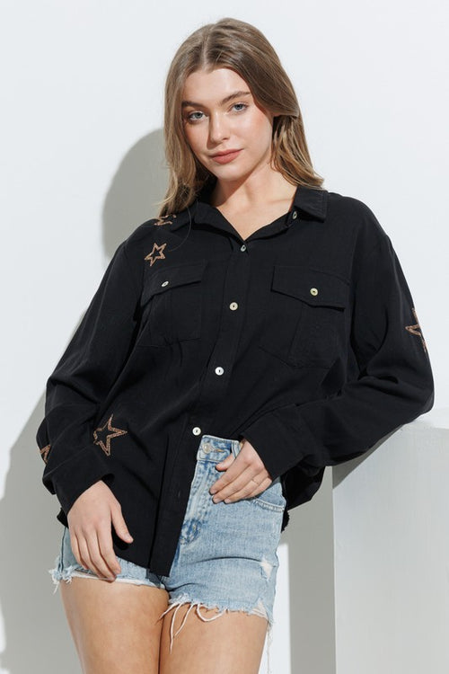 "PENELOPE" GOLD EMBROIDERED SHIRT TOP