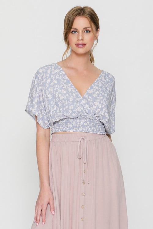 "MADDIE" PRE-WASHED FLORAL PRINT SURPLICE CROPPED TOP
